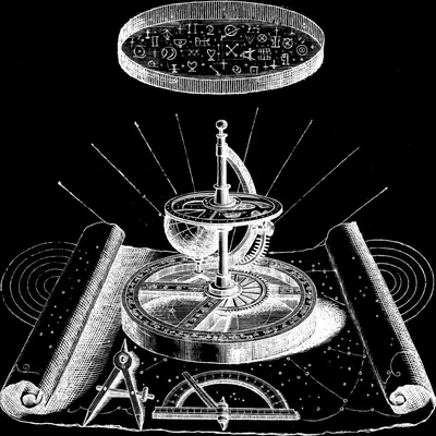 Engraving of an astrolabe and orrery on a star chart